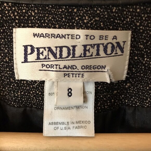 Vtg Pendleton Petite Size 8 Black Wool Blend Tweed Jacket Blazer Leather Trim - Picture 3 of 6